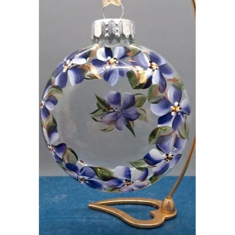 Handpainted Violet Clear Glass Christmas Tree Ornament Purple Floral